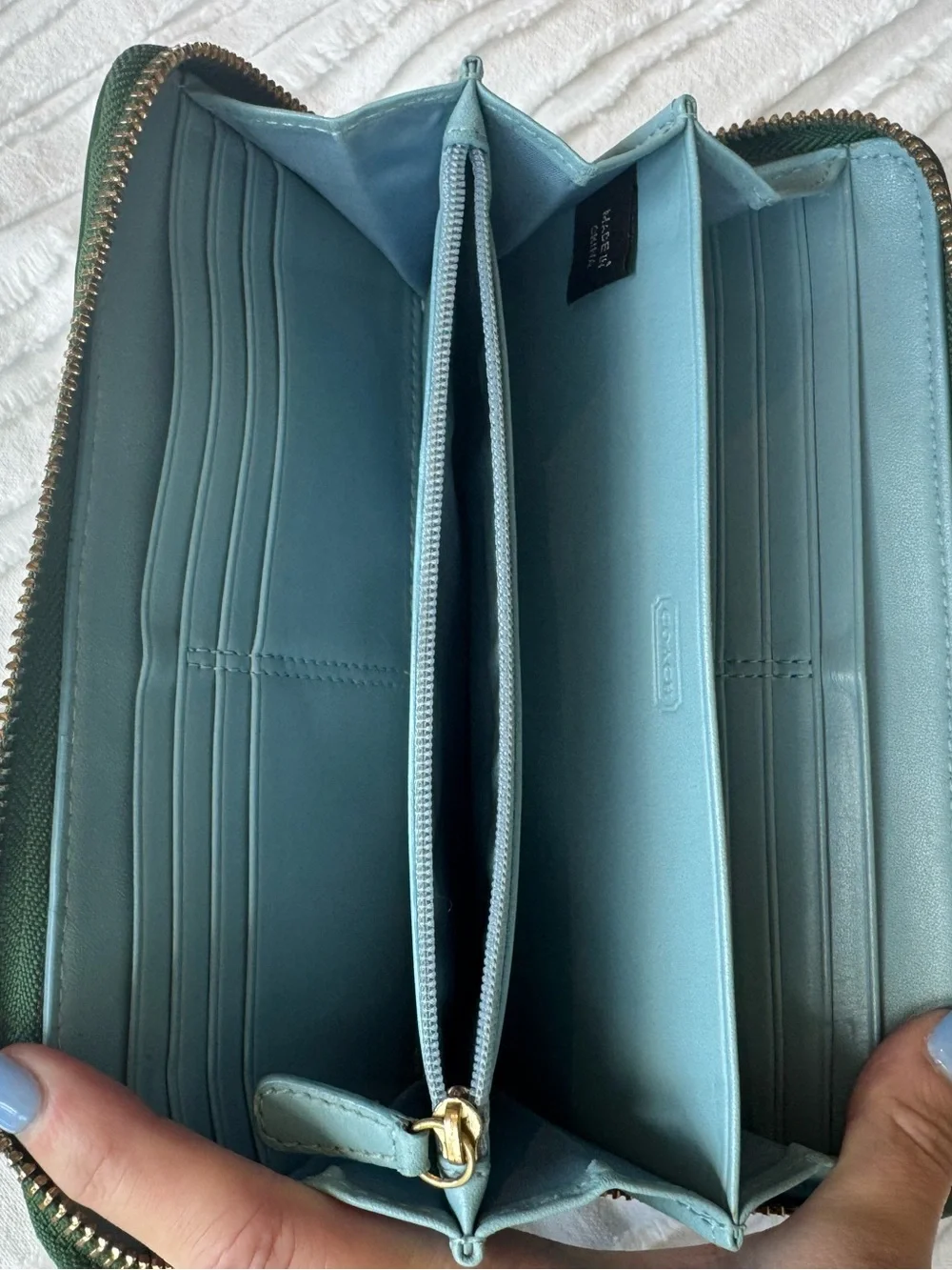 COACH Green Leather Zip Wallet with Gold Buckles